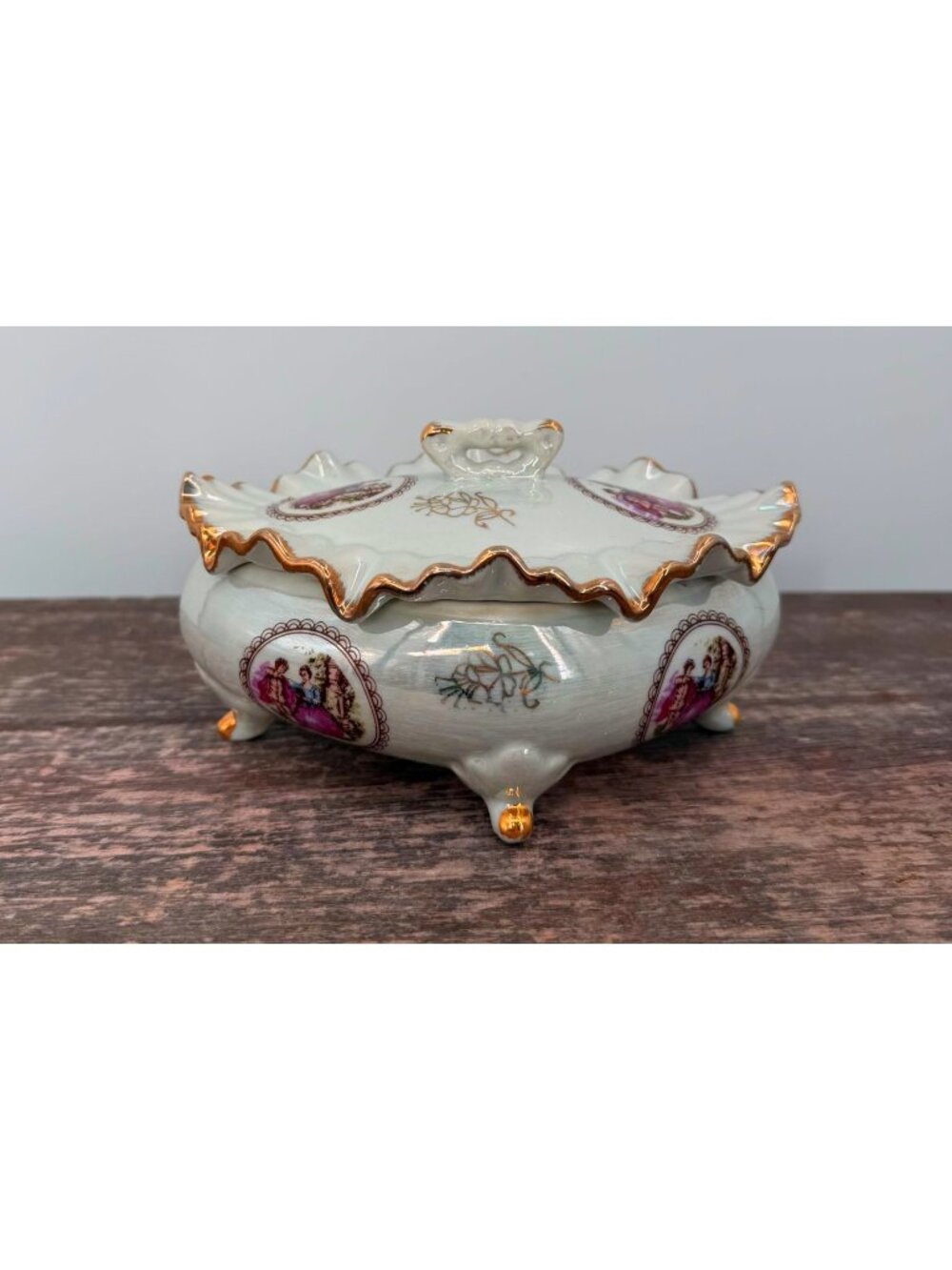 Vintage Norleans Dish Porcelain Footed Victorian Trinket Box 7" Lusterware